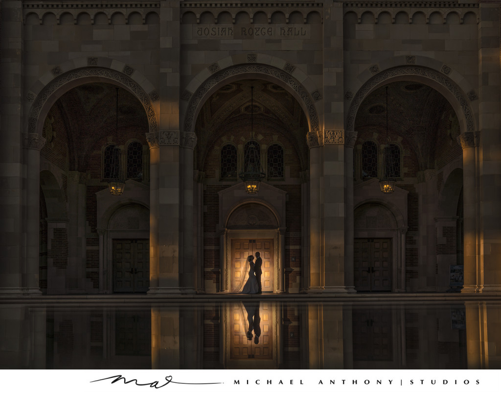 Silhouette of Wedding Couple Standing in Front of Building