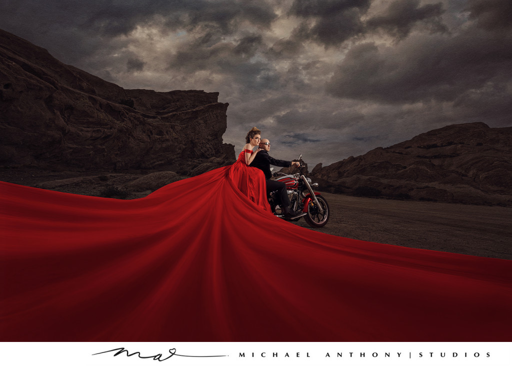 Motorcycle Engagement Session Red Dress