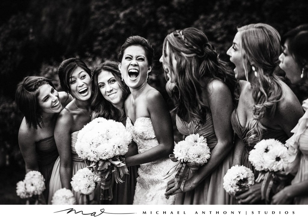 Bride with Bridesmaids Laughing