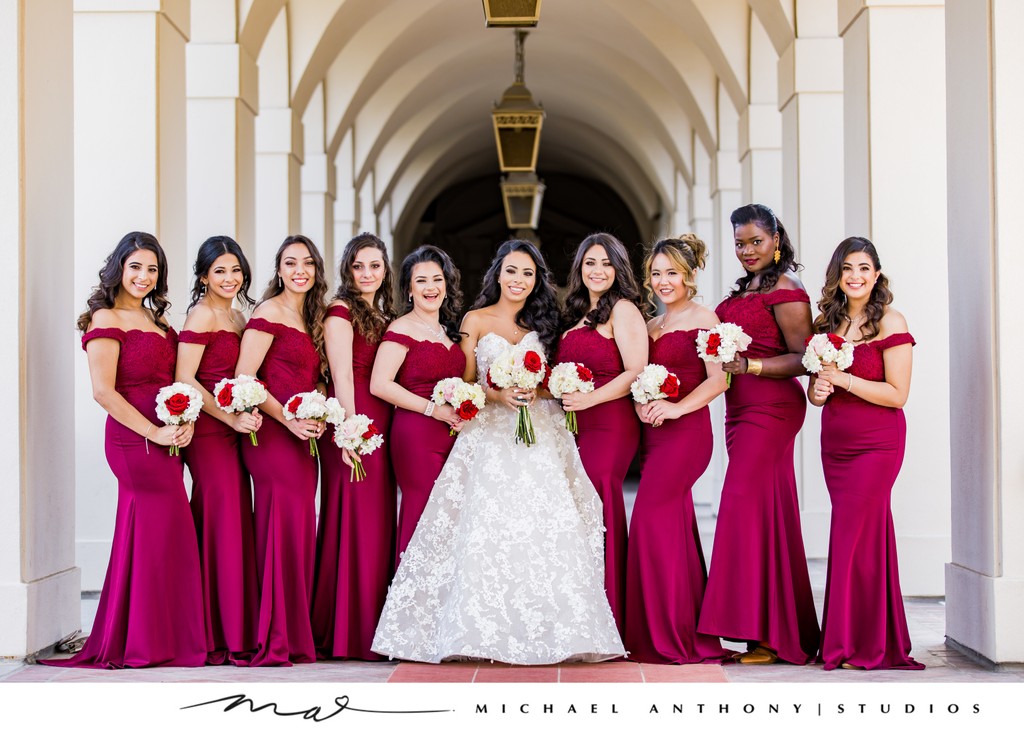 Bride and Bridesmaids in Burgundy Dresses