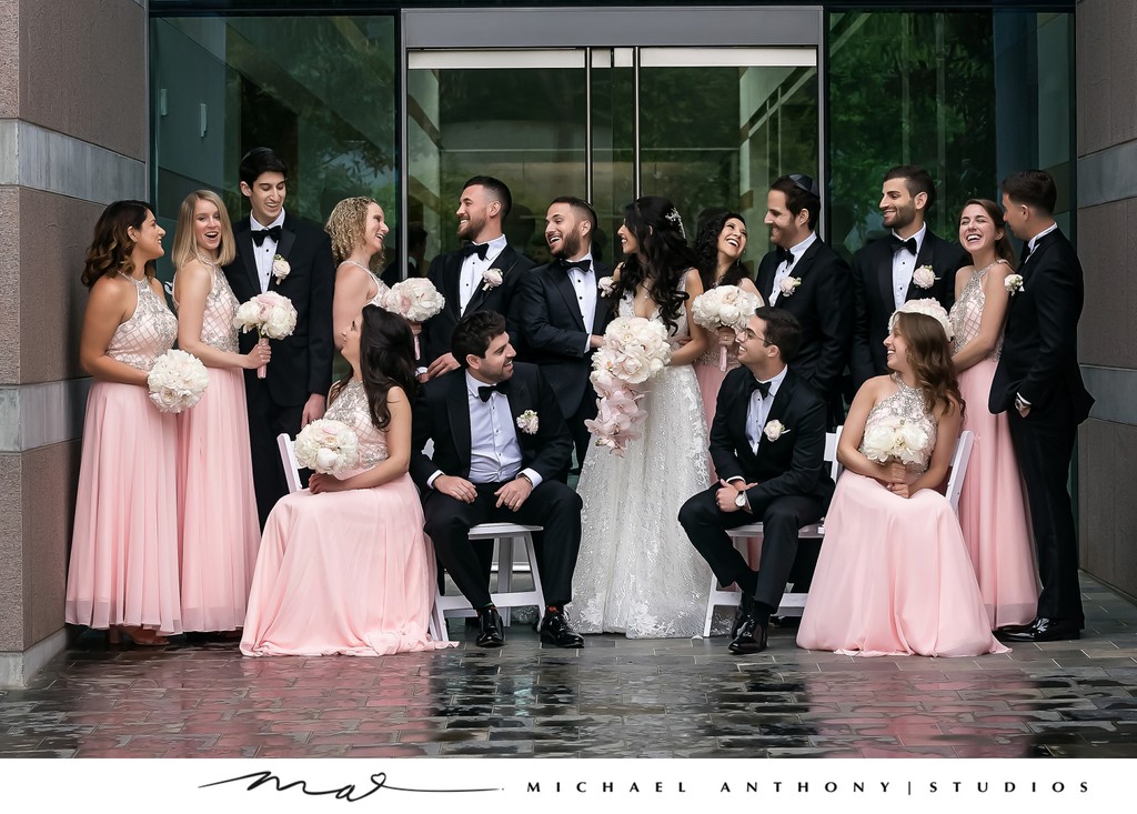 Elegant Bridal Party in Blush Pink and Black Tuxedos