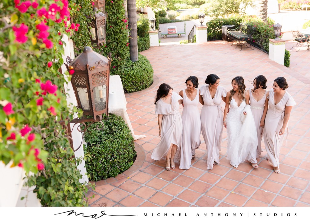 Bride and Bridesmaids Strolling Together