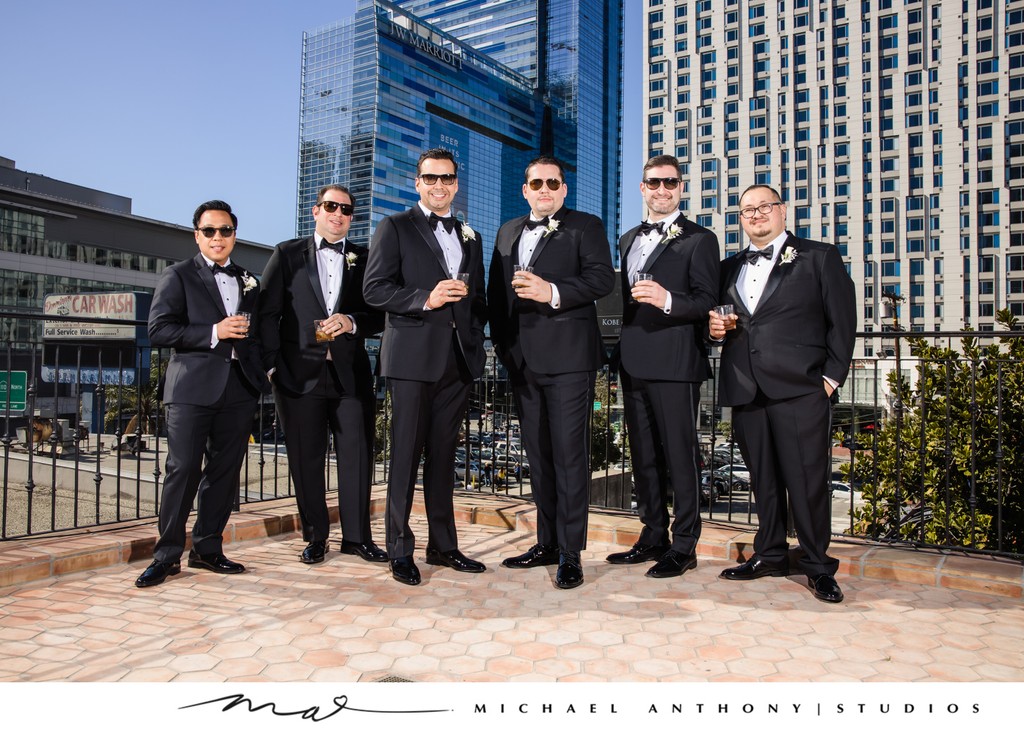 Groomsmen Toast with Urban Skyline