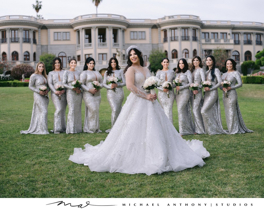 Bride and Bridesmaids in Silver at Grand Estate