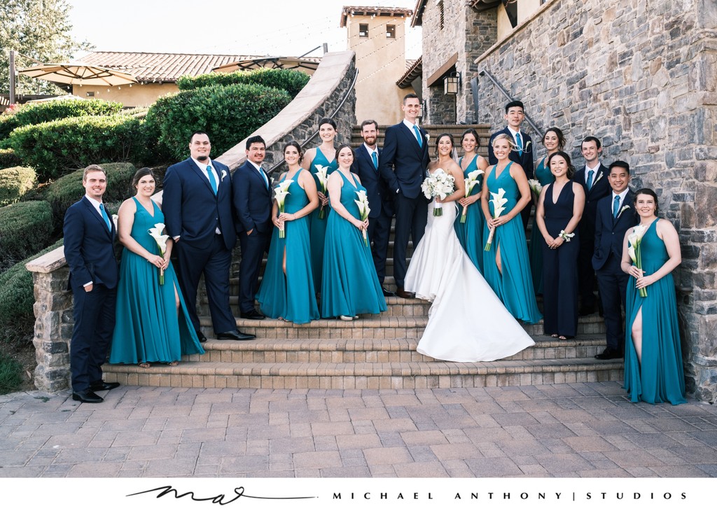 Bridal Party Posing on Stone Staircase