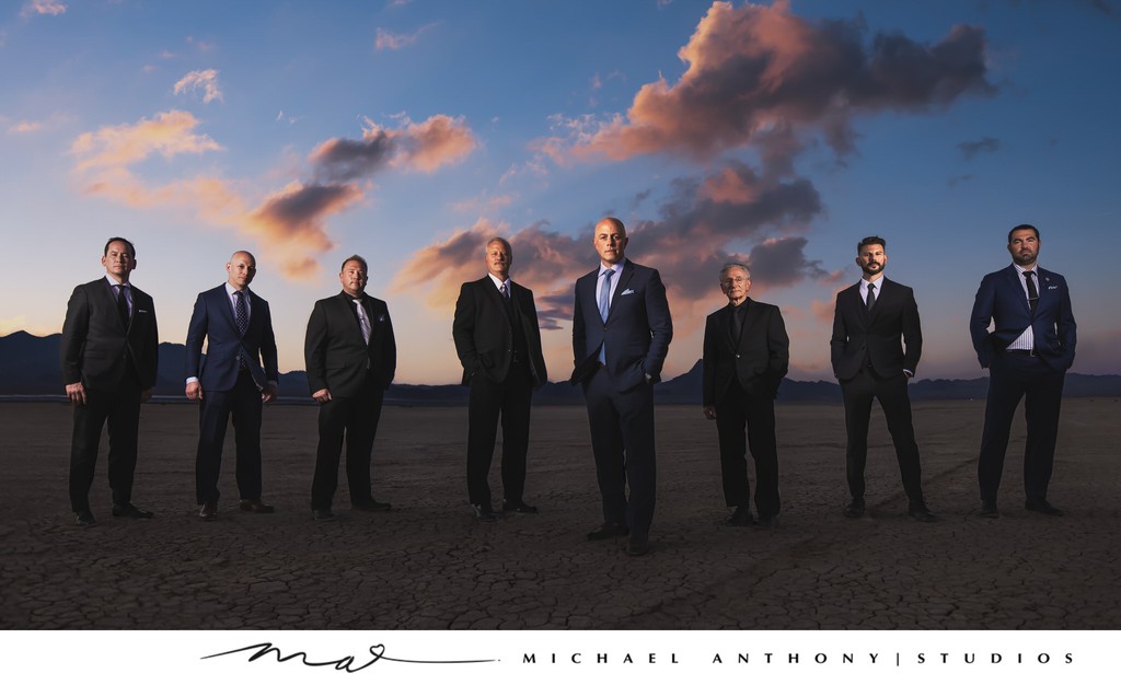 Groomsmen in Suits at Sunset