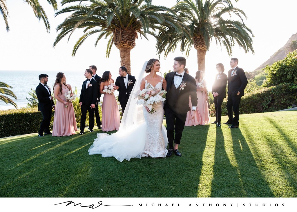 Sunset Bliss: A Romantic Wedding Party Stroll