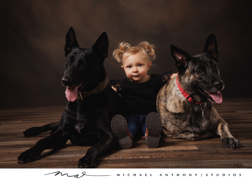 Child with Two German Shepherd Dogs Portrait