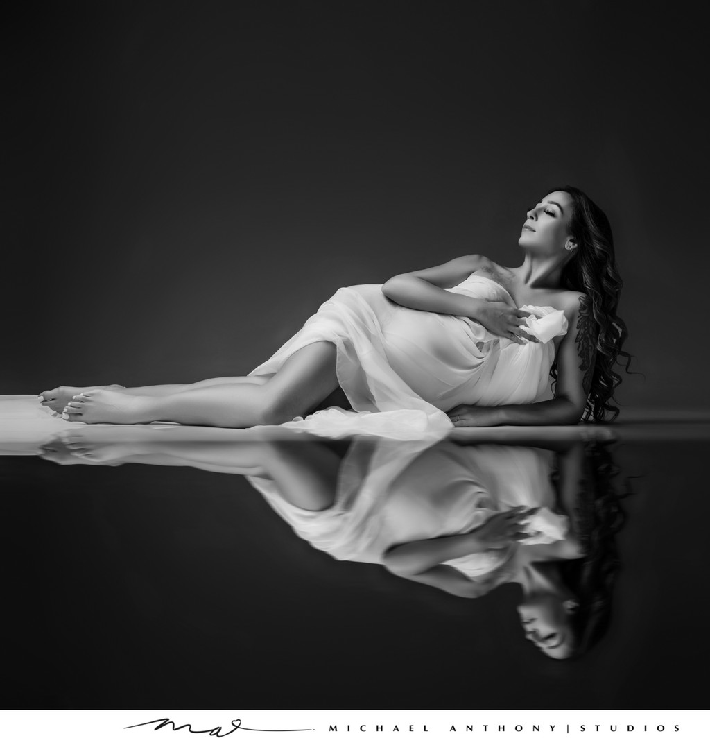 Reflective Black and White Maternity Portrait