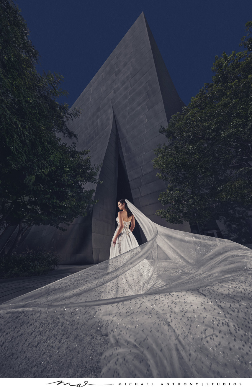 Bride standing in front of building in city