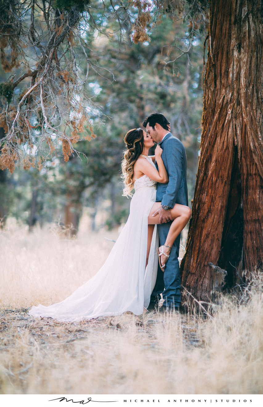 Bride and Groom embrace in the Forest