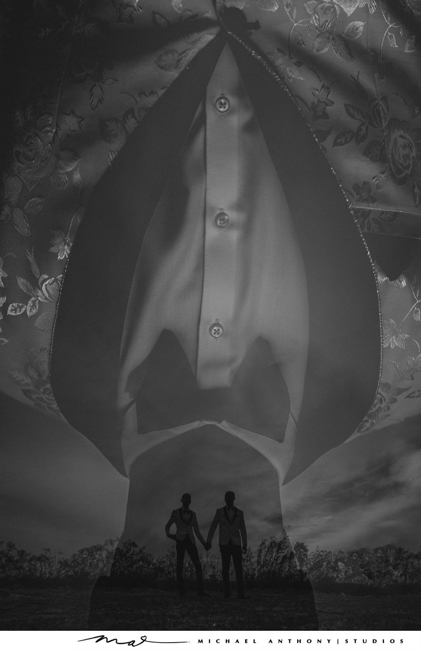 Groom Couple poses in Double Exposure