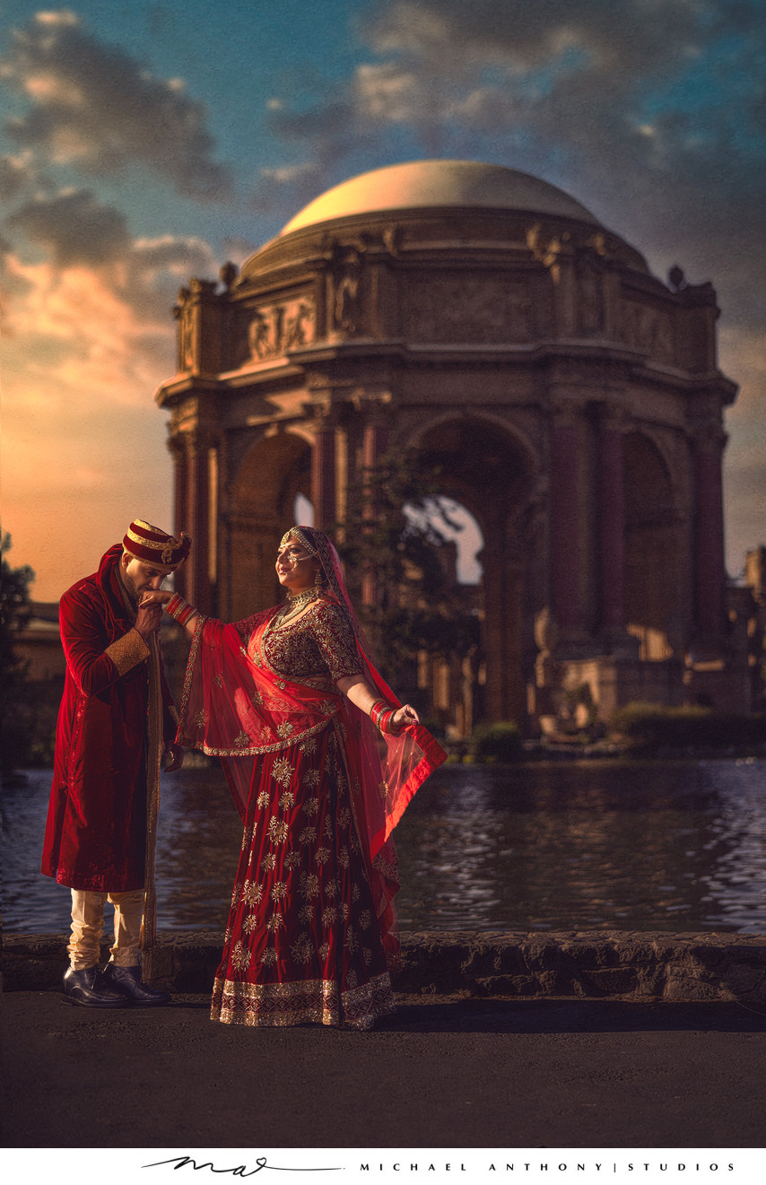 Indian Wedding Couple Posing for Wedding Photo at Sunset