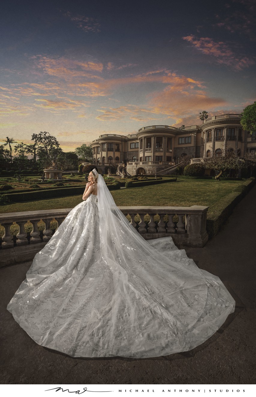 Pasadena Bride with stunning train in front of mansion