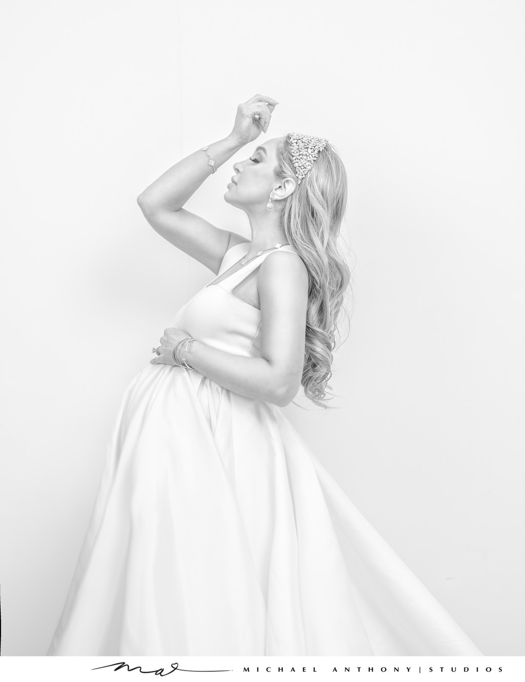 High-Key Maternity Portrait with Elegant Dress