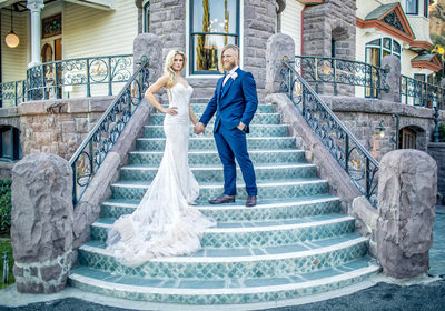 A Couple on the Steps at a Newhall Mansion Wedding