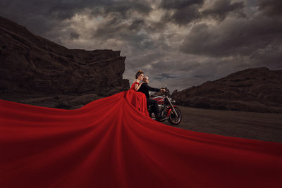 Motorcycle Engagement Session Red Dress