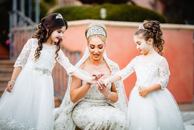 Family Portrait: Bride helps Flower Girls