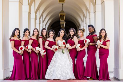 Bride and Bridesmaids in Burgundy Dresses