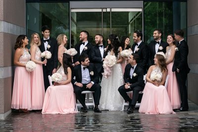 Elegant Bridal Party in Blush Pink and Black Tuxedos
