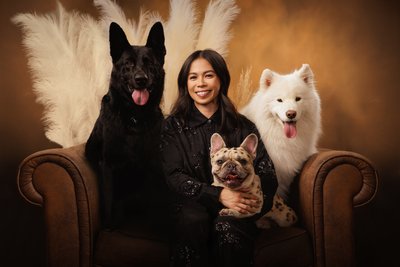 Elegant Portrait of Woman with Three Dogs in Dallas Studio