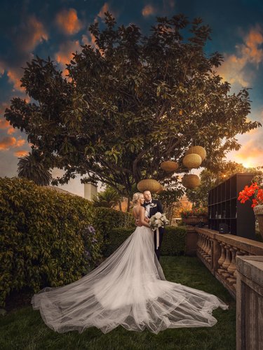 Bride and Goom Posing at Sunset Under a Tree