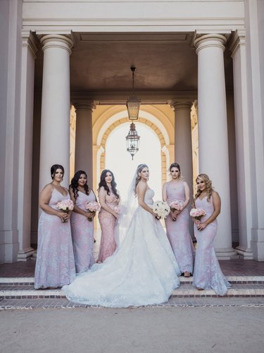 Elegant Bride with Bridesmaids in Soft Pink Dresses