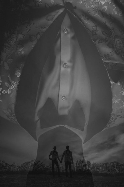 Groom Couple poses in Double Exposure