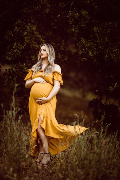 Elegant Outdoor Maternity Portrait with Yellow Dress