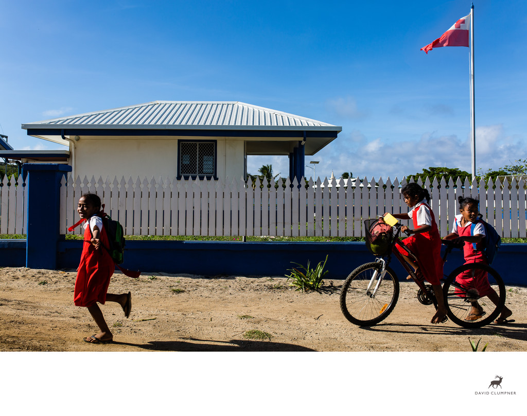 Girls Run Home from School in Kingdom of Tonga