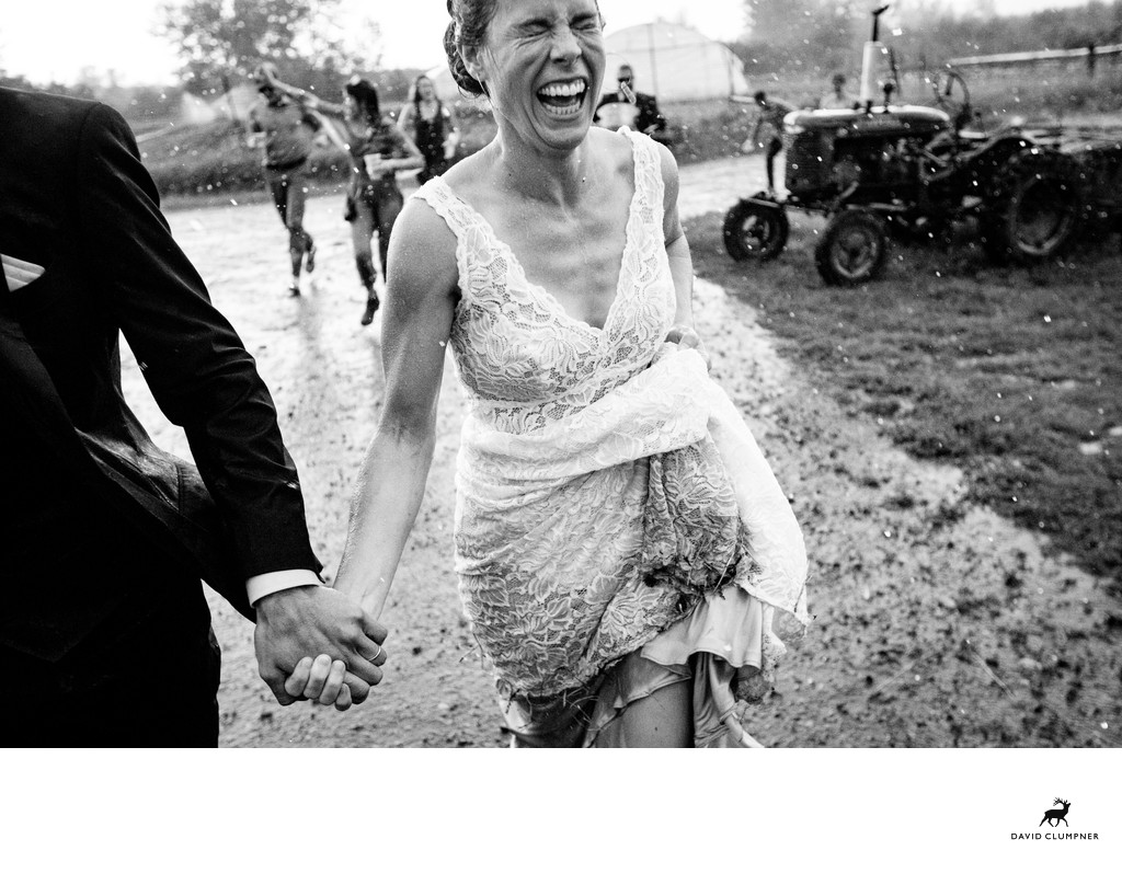Bride Running in the Rain
