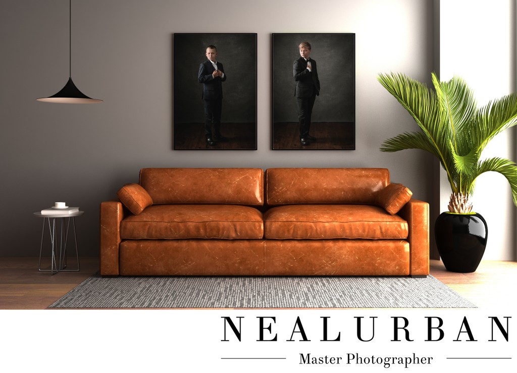 3D render of a modern living room with blank frames on the wall for your images