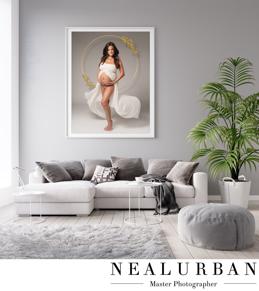 Mockup poster, Living Room, Comfortable Sofa with plant, 3d render, 3d illustration