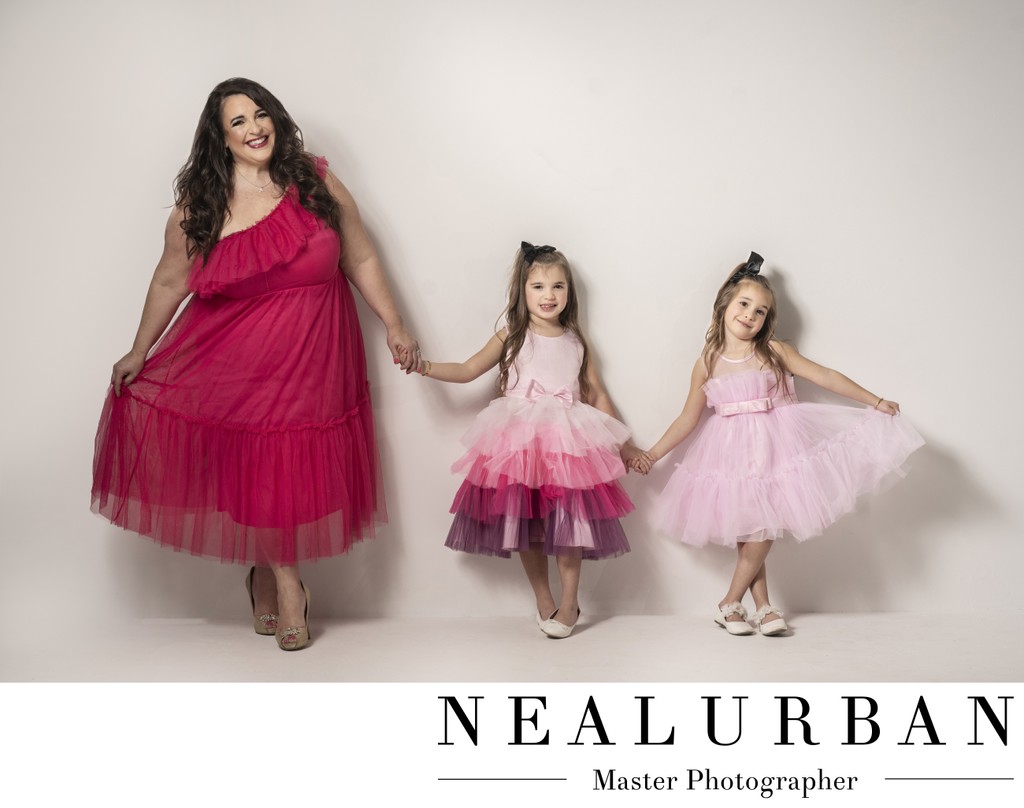 Mother & Twin Daughter Pink Dress Studio Session