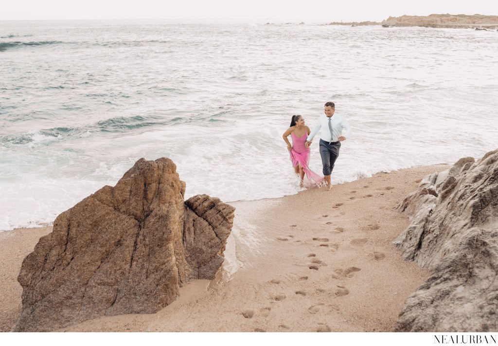 Rehearsal photos of bride and groom on the beach