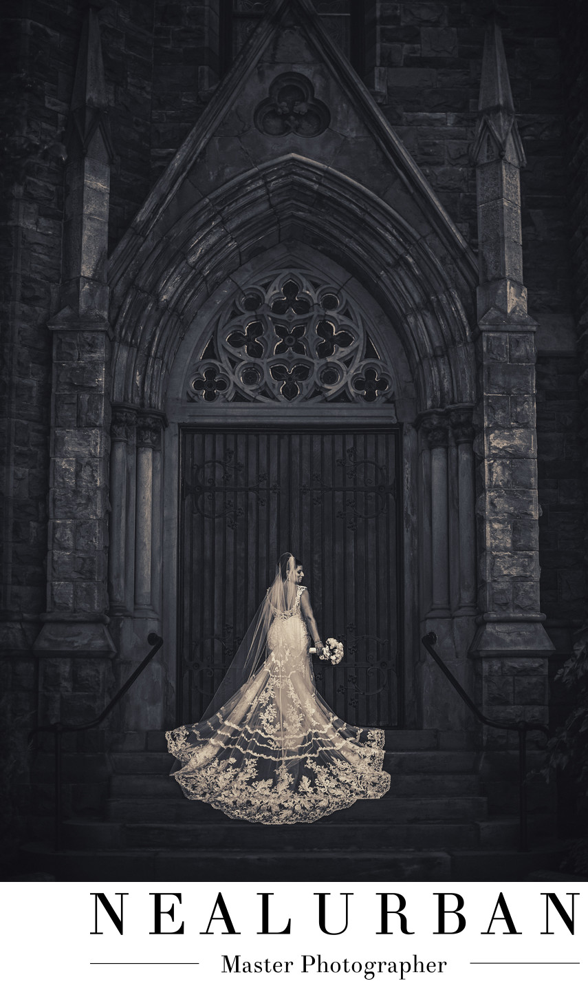 Buffalo bridal portrait at st louis church doors wedding dress