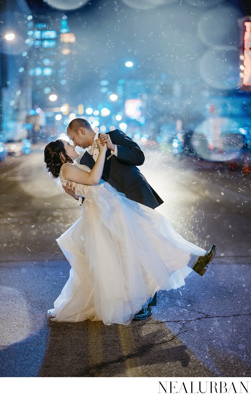 Snowy Bride and Groom at Forbes Theater Buffalo NY