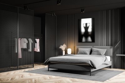 Gray master bedroom corner with wardrobe