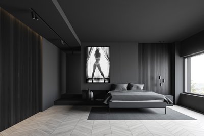 Gray and wooden master bedroom