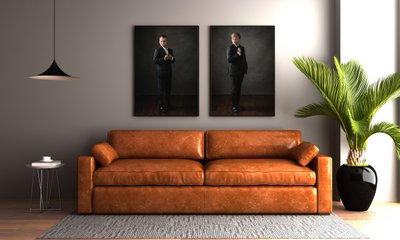 3D render of a modern living room with blank frames on the wall for your images