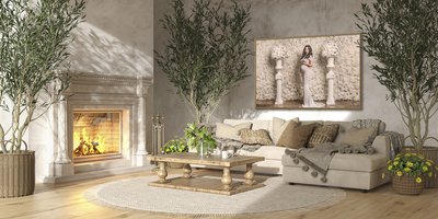 Scandinavian farmhouse style beige living room interior with natural wooden furniture and fireplace. Mock up wall background. 3d render illustration.