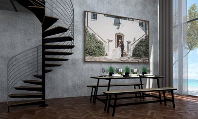 The interior design of dining room and sea view and concrete wall and picture frame
