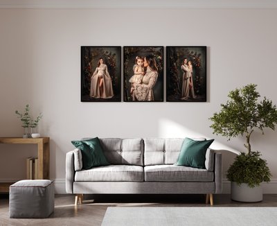 empty poster frames on beige wall in living room interior with modern furniture and plant, gray sofa and green pillows, 3d render