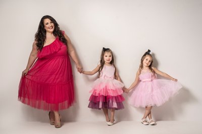 Mother & Twin Daughter Pink Dress Studio Session