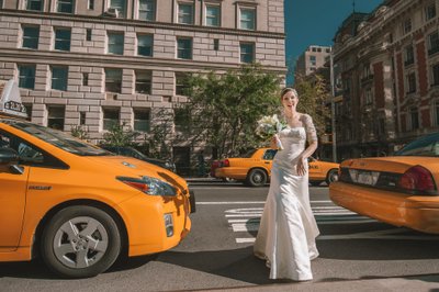 Bride with NYC Taxis