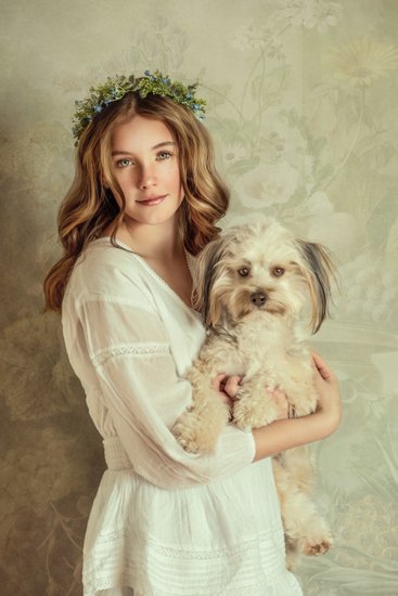 Girl, flower crown, and dog