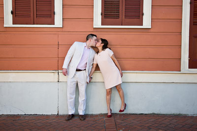 Engagement photo coral wall French Quarter New Orleans