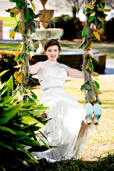 Bride on swing Southern Oaks Plantation New Orleans LA