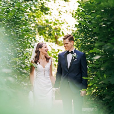 Couple walk down magical forest path at ancaster mill