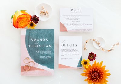 pinery hill colorful wedding flat lay